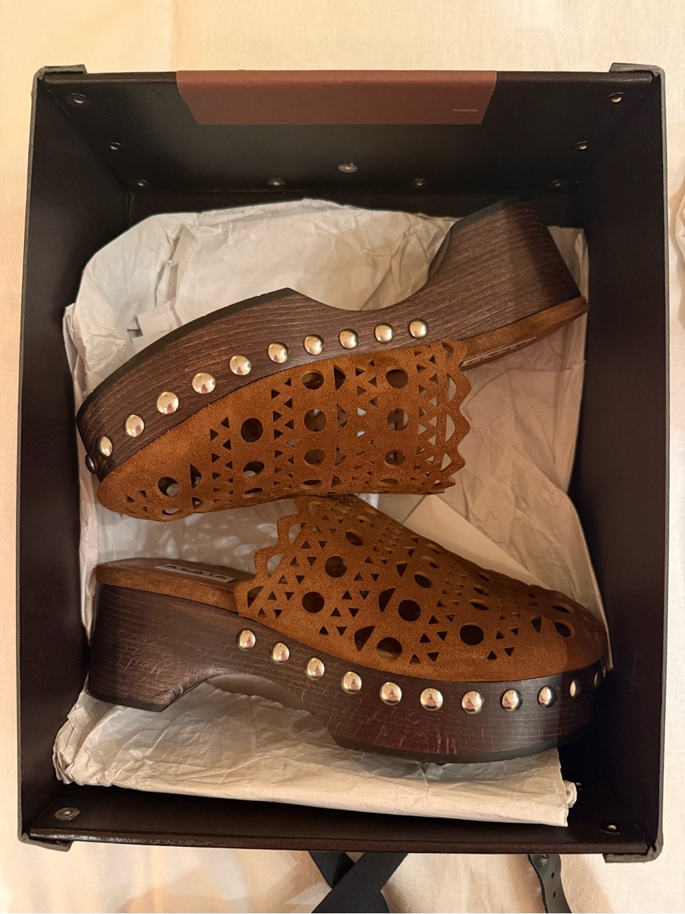 Alaia Brown Laser-Cut Suede Studded Clog Mules
